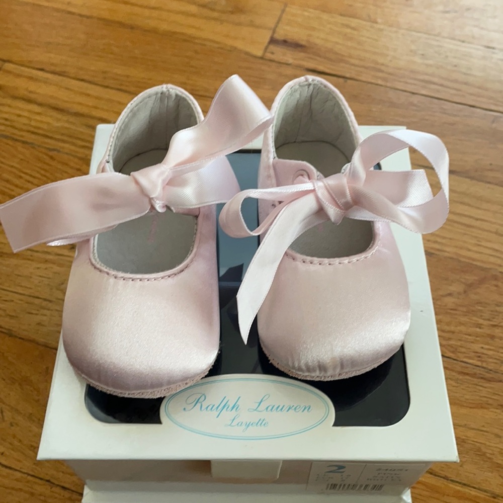 Ralph Lauren layette pink satin baby shoes size 2